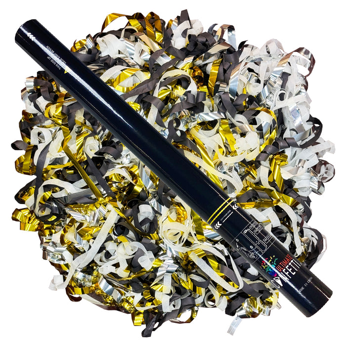 Black, Gold, White & Silver Metallic Streamers - Handheld Confetti Popper Cannon (22")